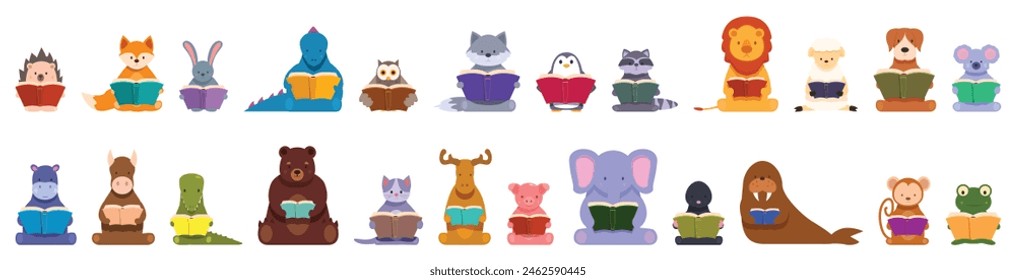 Animals read fairy tales vector. A group of cartoon animals are reading books. Some of the animals are reading while others are just sitting