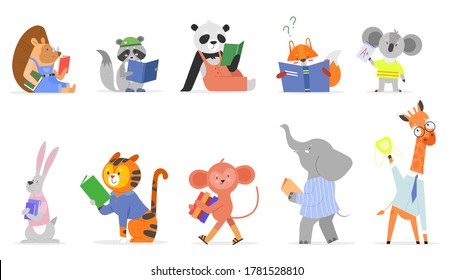 Animals read, study vector illustration set. Cartoon flat smart animal kid studying, forest or zoo character reading textbook or story book, cute squirrel giraffe elephant in school isolated on white