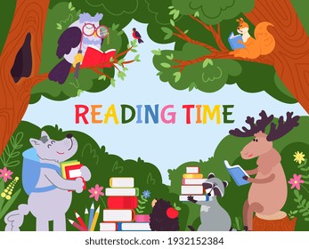 Animals reading background. Cartoon animal read, cute characters with stacked books. Mammal learning, decent school education vector frame