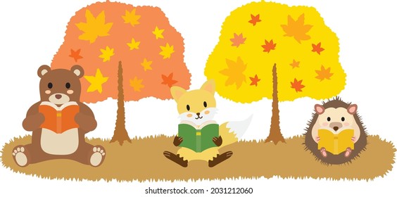 Animals reading a book in Autumn of reading