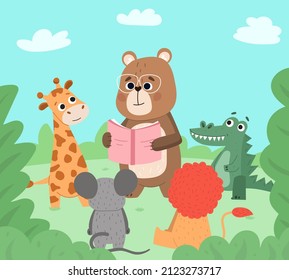 Animals reading book, cute wildlife book lovers. Cute bear reads to baby animals vector background illustration. Cartoon cute animals reading. Bear in glasses holding fairy tale, characters listening