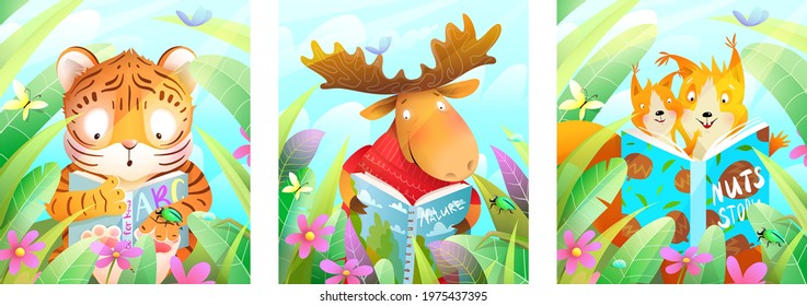 Animals reading a book in the forest among green leaves and grass, studying and learning posters collection. Colorful animal study cartoon for kids and children. Vector in watercolor style.