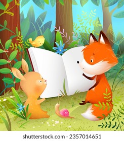 Tiere lesen ein Buch im Wald. Fox Kaninchen und Vogel mit Schnecke, die zusammen eine Waldgeschmack lesen. Erziehungsschule und Bibliotheksgrafik für Kinder. Vektorgrafik für Kinder im Aquarellstil