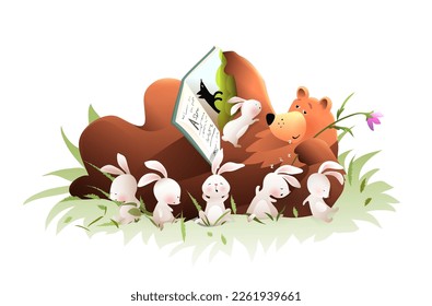 Animals reading a book in forest. Sleepy Bear reading a book to sleeping rabbits. Cute bedtime cartoon for children or nursery. Vector clipart kids illustration for school or library.