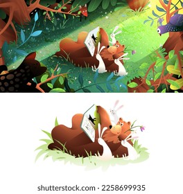 Animals reading book in forest  study   education kids illustration  Bear reading book to rabbits in woods colorful tale drawing  Vector clipart illustration for school library 