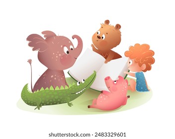 Animales leyendo un libro con un niño pequeño. Lindos animales leyendo cuentos de libros. Ilustración de aprendizaje y educación escolar para niños. Ilustración de Clipart de Vector dibujado a mano para niños en estilo acuarela.