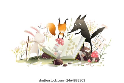 Animals reading a book in nature. Rabbit mouse wolf and squirrel friends, study a book about mushrooms in forest. Kids illustration for story or fairytale. Hand drawn vector cartoon for children.