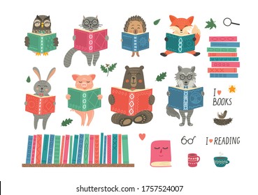 Animals reading book. Set from cute fantasy hand-drawn animals: cat, hare, fox, owl, rabbit, wolf, bear and hedgehog. Children educational illustration.