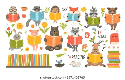 Animals reading book. Spring cute fantasy hand-drawn animals set: cat, hare, fox, owl, rabbit, wolf, pig; boar, bear, hedgehog, boar, deer. Children educational illustration.