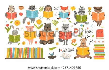 Animals reading book. Spring cute fantasy hand-drawn animals set: cat, hare, fox, owl, rabbit, wolf, pig; boar, bear, hedgehog, boar, deer. Children educational illustration.