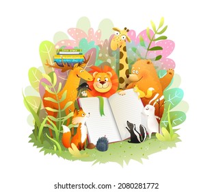 Animales leyendo un libro o estudio en un colorido bosque, cuento infantil de cuento de hadas, dibujos animados al estilo acuarela. Animales aprendiendo y leyendo historia niños ilustraciones vectoriales.