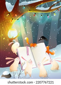 Animals reading book under big tree at night, rabbits and squirrel in forest cold winter night studying. Storytelling illustration for children library or school poster. Animals vector for kids.