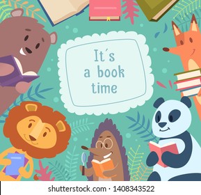 Animals reading books. Back to school background frame with funny animals around vector cartoon kids characters. Illustration of animal reading book