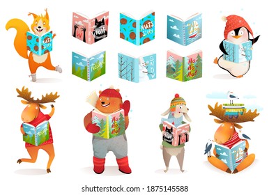 Animals reading books, bear moose penguin and squirrel kids study and school cartoon collection. Winter Fairy tale cartoons clever animals reading vector illustration.