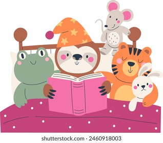 Animals Reading Books In Bed Vector Illustration