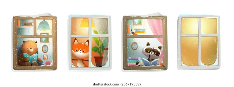 Animals reading books in cozy winter windows. Bear, fox and raccoon reading books, looking through the snowy windows. Children vector illustrations, fairytale cartoon collection clip art.