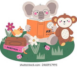 Animals Reading Books On Lawn Vector Illustration