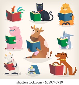 Animals reading books with stories and translating other languages. Trying to understand others. Vector images for library posters and other designs.