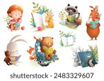 Animals reading books and studying big clipart collection. Animals and kids characters reading books. Cartoons for school education and library. Vector characters clip art collection for children.