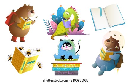 Animals Reading Books And Studying, Cartoon Set For Library Or School, Cute Bear Monster And Dragon Reading Books, Collection Of Educational Clipart. Vector Illustration Isolated On White.