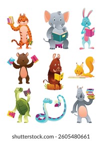 Animals reading books and studying, icon set. Kids characters reading books. Cartoons for school education and library. Vector illustration for children
