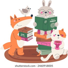 Animals Reading Books Vector Illustration