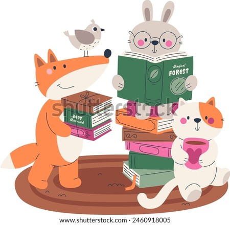 Animals Reading Books Vector Illustration
