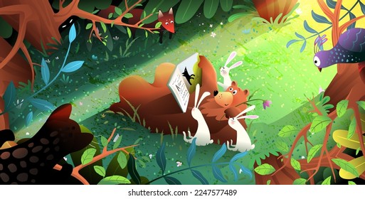 Animals reading tale book