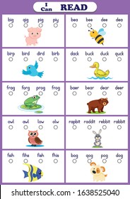 animals reading worksheet. Students read words and circle the one that matches the picture, I Can Read Words, Kids words learning