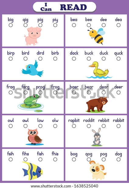 Animals Reading Worksheet Students Read Words Stock Vector (Royalty