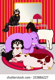 animals in a red lounge