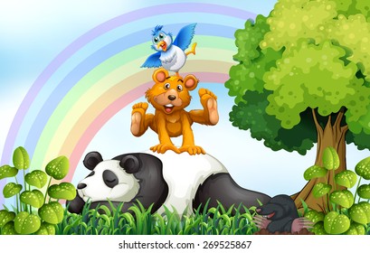 Animals relaxing in the field with rainbow background