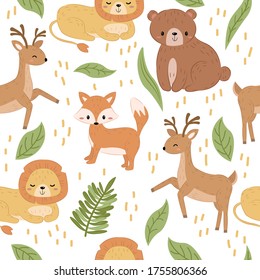 Animals repeat pattern. Nursery art background. Children's fabric pattern design.
