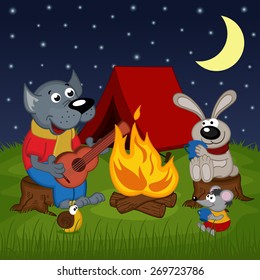 animals resting around bonfire - vector illustration, eps