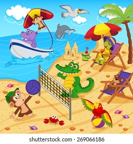 animals resting on beach - vector illustration, eps