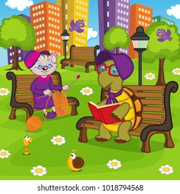animals resting in park - vector illustration, eps
