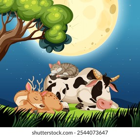 Animals resting peacefully beneath a glowing full moon