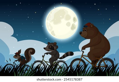 Animals ride bicycles beneath a glowing full moon