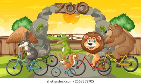 Animals ride bicycles in front of zoo entrance