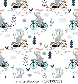 Animals ride bike with flags pattern background.  Kids design for fabric, wrapping, textile, wallpaper, apparel. Vector illustration.