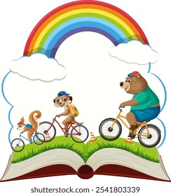 Animals ride bikes on a grassy book