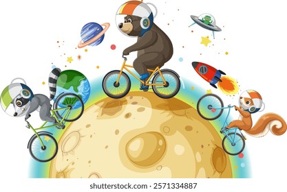 Animals ride bikes on a planet in space