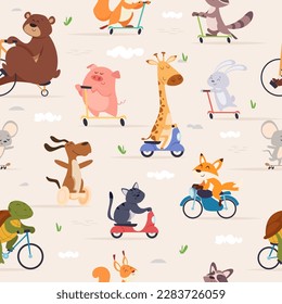 Animals riders pattern. Animals skating on bikes and scooters on road exact vector seamless background