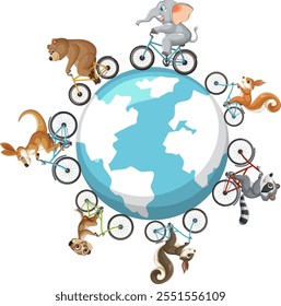 Animals riding bicycles around a globe illustration