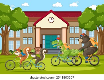 Animais andando de bicicleta na frente de uma escola