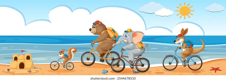 Animals riding bikes on a sunny beach day
