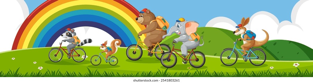 Animals riding bikes together in a colorful landscape