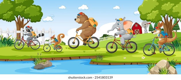 Animais andando de bicicleta juntos em uma paisagem cênica