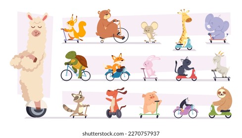 Animals riding. Cartoon mascots wild animals riders various vehicles bikes and scooters exact vector illustrations collection