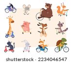 Animals riding. Characters in action poses sitting and riding scooter bikes and cars exact vector illustrations